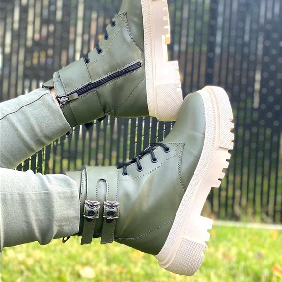 Womens Holler Combat Boots Olive Green Beige Round Toe Side Zip Buckle New,5 to9 - Picture 2 of 7